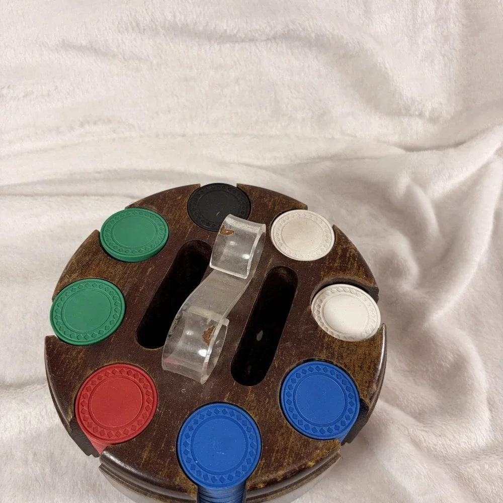 Vintage 60s Rotating Poker Rack Wooden Card Case Carousel Clear Handle 176 Chips